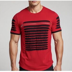 SWITCH ORIGINALS Men's Red Black Distressed Zipper Cutout T-Shirt Size L